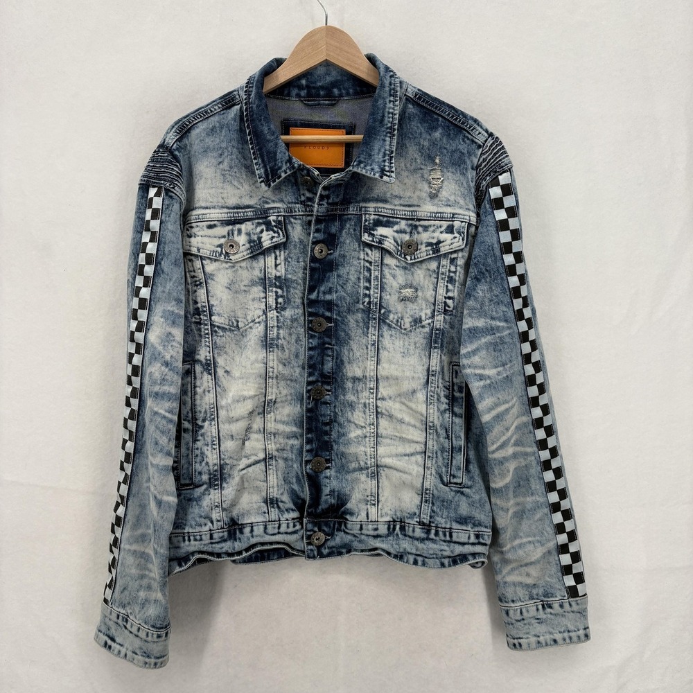 KLOUD9 Denim Jacket Mens Large Blue Acid Wash Checkered Sleeve Streetwear Grunge